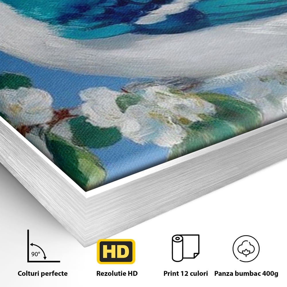 Detaliu al suprafetei: tablou canvas cu gai albastra pe ramura, in rama de aluminiu argintiu